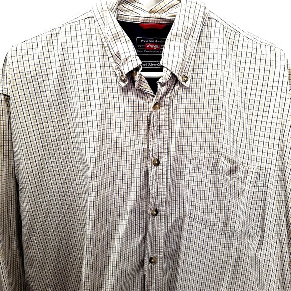 Wrangler Other - Wrangler Men's Beige Plaid Button Up Shirt Size XL Long Sleeve Cool River Cotton